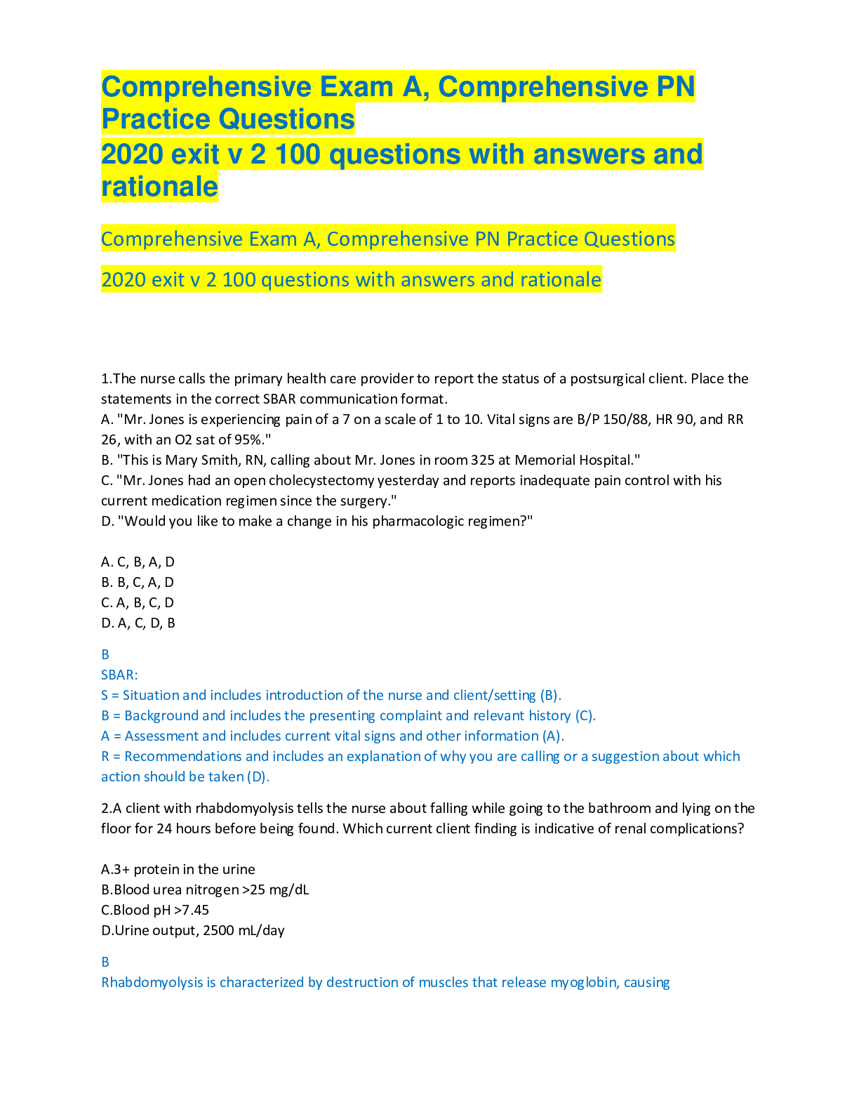 Preview image for Comprehensive Exam A, EXIT HESI v 2  PN Questions 2020 100 questions with answers and rationale, WITH MOST TESTED QUESTIONS